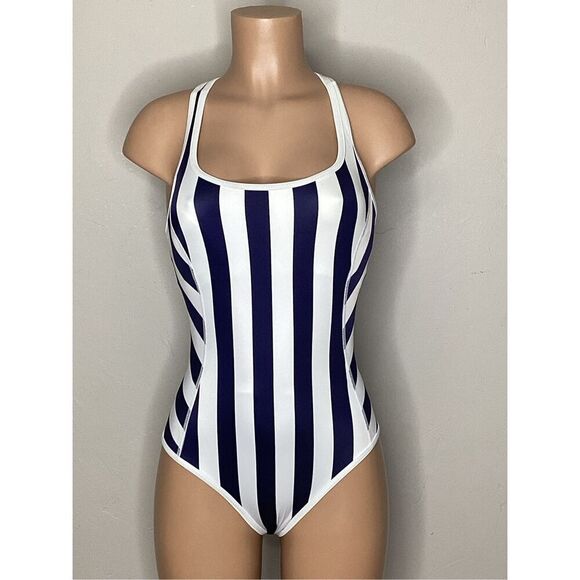 New. Tommy Bahama navy and white stripe active swimsuit. 4. Retails $155 - Picture 2 of 10